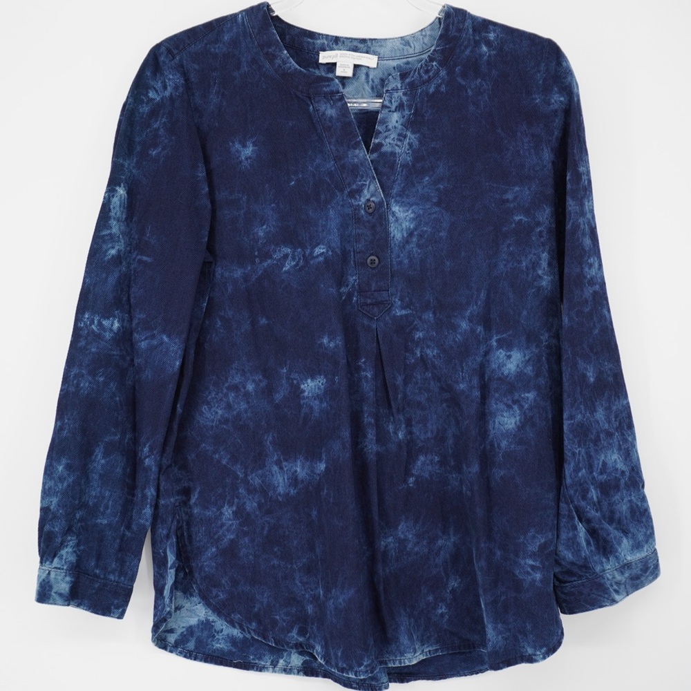PURE JILL peasent Henley Shirt Everyday Blue Tie dye Organic Cotton Small petite